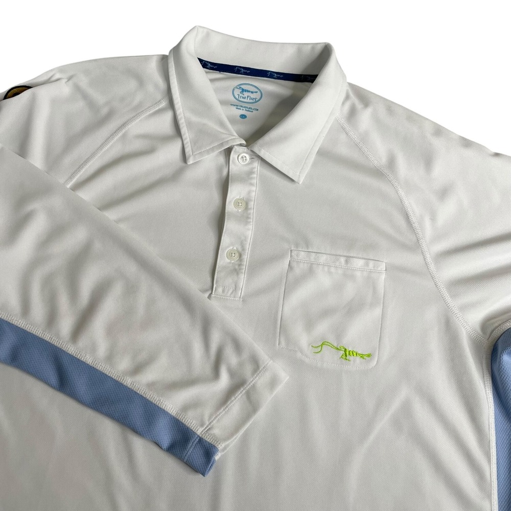 True Flies Polo Shirt Men XXL White Blue Vented Long Sleeve Fly Fishing Outdoors